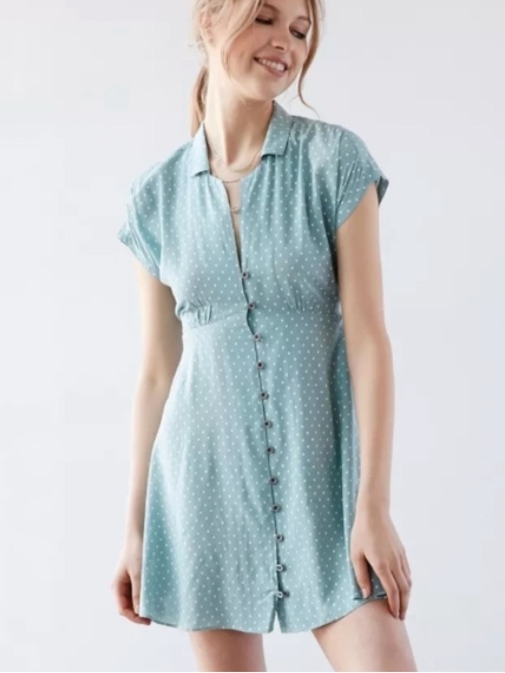 UO Kimchi Blue Polka Dot Button Front Mini Dress tie back urban outfitters twee - Picture 2 of 6